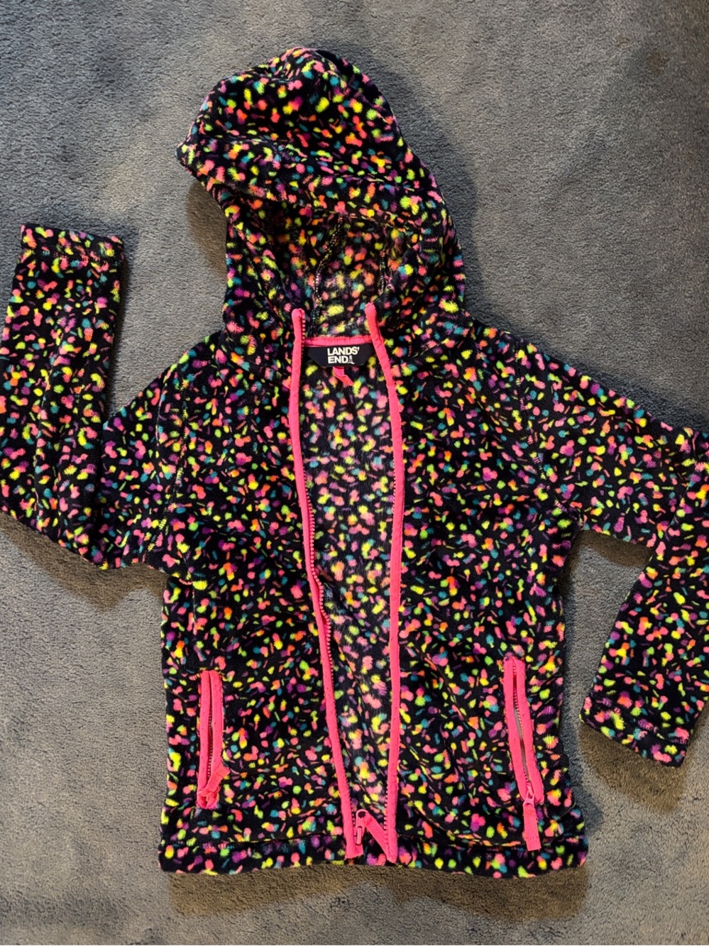 Lands' End Girl’s Black Neon Speckle Fleece Hoodie with Hot Pink Trim